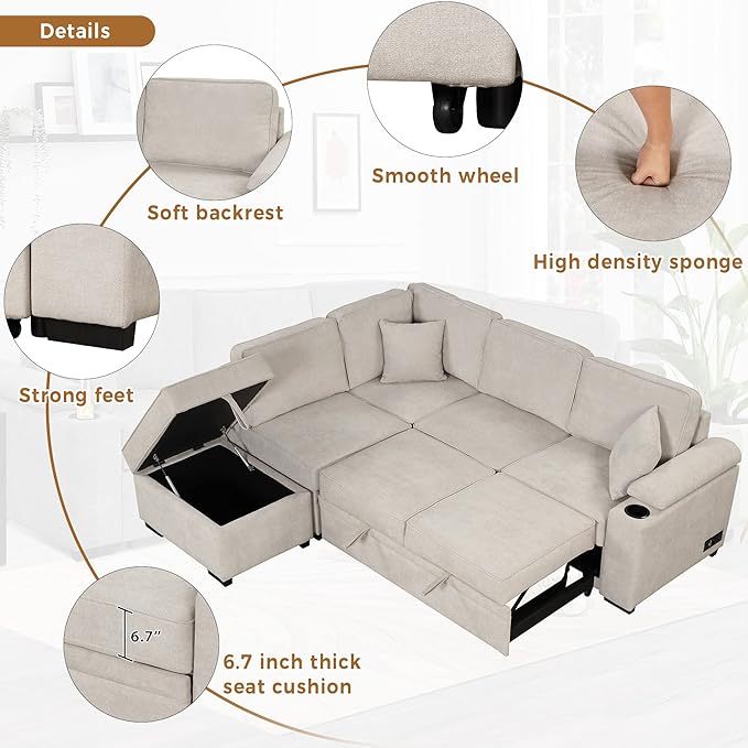 Merax Sofa Bed Sleeper Couch L Shaped Sofa with Storage Ottoman and Cup Holder L-Shape Sectional Couch with Comfortable backrest and Charging Function for Living Room and Small Apartment (Beige)