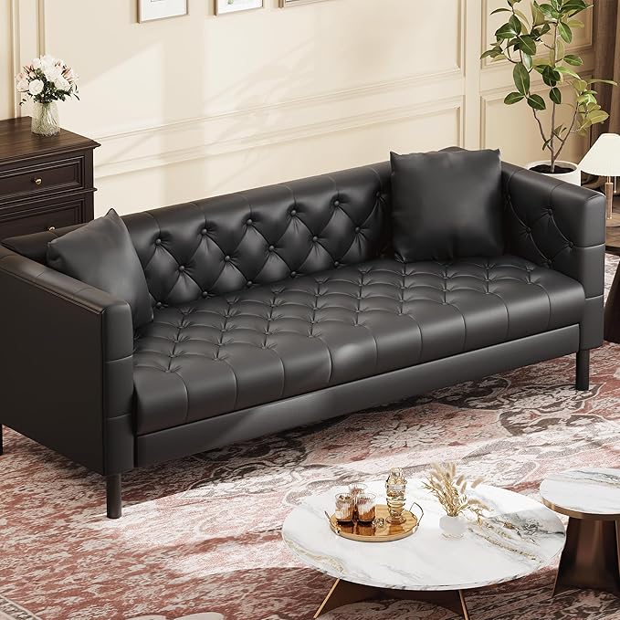 GAOMON 81 Leather Couch Handmade Button Tufted 3 Seater Sofa Chesterfield Sofa with Deep Seat and 2 Pillows Leather Sofa for Living Room Apartment Office Black