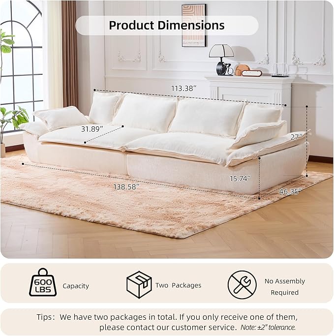 138 Modular Cloud Couch Sectional Couch with Deep Seats Wide Armrests and Multiple Pillows Boneless Couches Sofas Loveseat for Bedroom/Living Room/Apartment/Office (White Right)