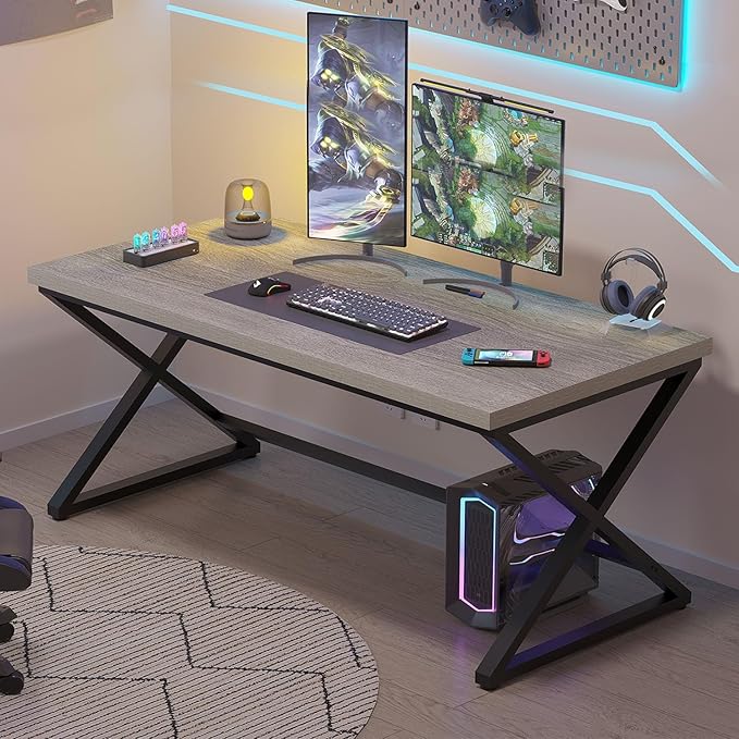 IBF Gray Computer Desk Industrial 60” Work Desk for Writing Study Simple Wooden Metal Executive Home Office Desk Modern Pc Gaming Laptop Workstation Computer Table in Bedroom Light Grey Oak
