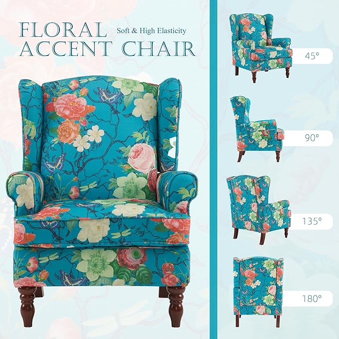 MELLCOM Floral Accent Chair High Back Upholstered Armchair with Solid Legs Leisure Single Sofa Chair for Living Room Bedroom Home Office Teal Floral