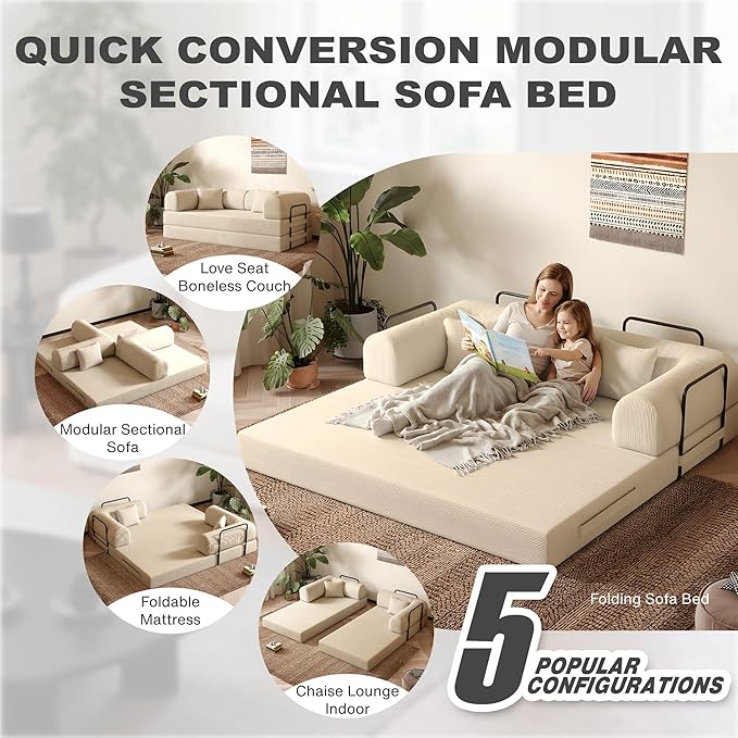 79'' Folding Sofa Bed 5-in-1 Convertible Sofa Bed BonelessComfy Foldable Foam Couch with Pillow Modular Floor Couch for Living RoomBedroomLounge - Corduroy Beige