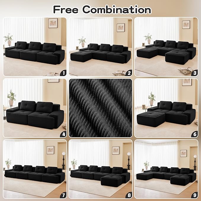 115.3” Black Boneless Couches for Living Room Modular Sectional Sofa with U-Shape Chaise 3 Seater Comfy Upholstered Deep Seat Corduroy Fabric Cloud Couch No Assembly Anti-Slip Design