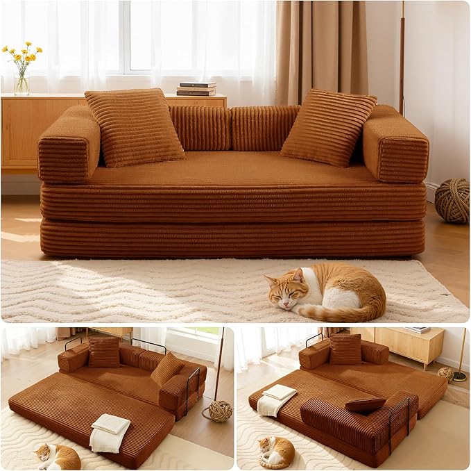 81'' Futon Sofa Bed Folding Floor Couch Bed Corduroy Fabric Boneless Couch Compressed Boneless Sofa in a Box Comfy Sleeper for Living Room-Orange