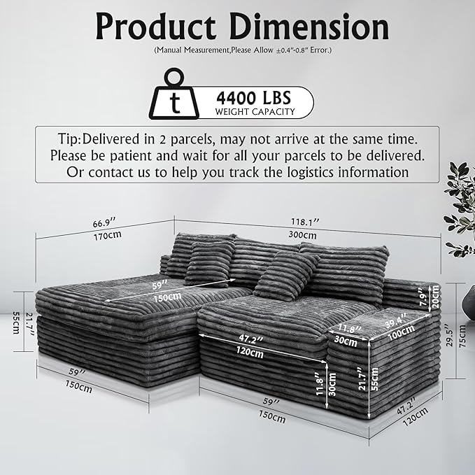 Grey sectional couches for Living Room-Corduroy Couch118 Cloud Sectional Couch with L-Shape Chaise Modern Modular Sofa Deep Seat Comfort No Assembly Required