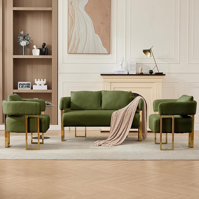 51 Comfy Loveset Sofa Green Small Teddy Love Seat Sofa Bedroom Mini Couch Living Room Side Chair with Gold Metal Legs for Dressing Area Reception Room Office (Green)