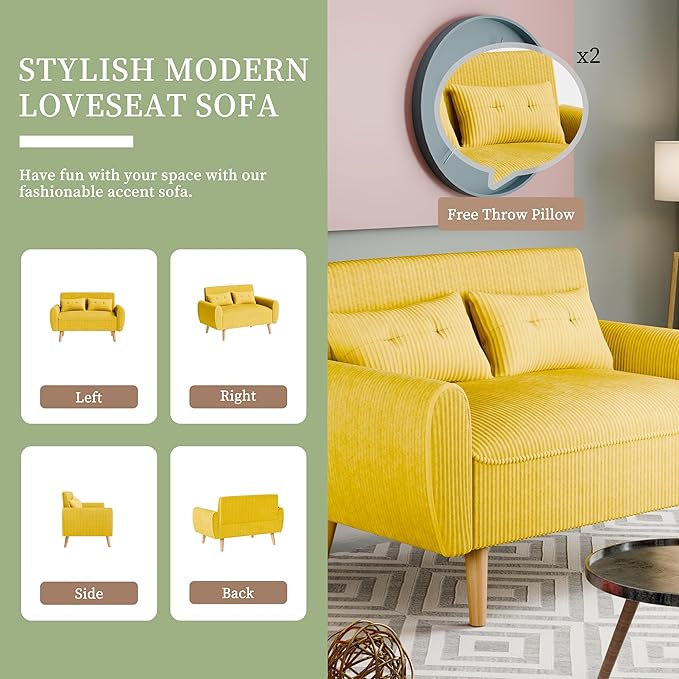 Vongrasig 48 Small Modern Loveseat Sofa Mid Century Soft Corduroy Fabric 2-Seat Sofa Couch Tufted Love Seat with Back Cushions and Tapered Legs for Living Room Bedroom and Small Space (Yellow)