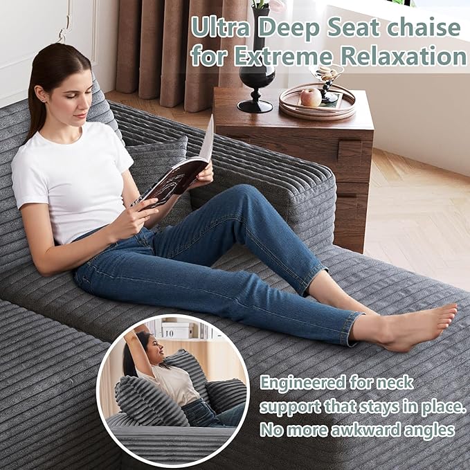 95 Modular Sectional Sofa with Ottoman Modern Corduroy Cloud Couch with Deep Seat Boneless Couch Upholstered 3-Seater U-Shaped Sofa for Living Room No Assembly (Dark GrayRight-Facing Chaise)