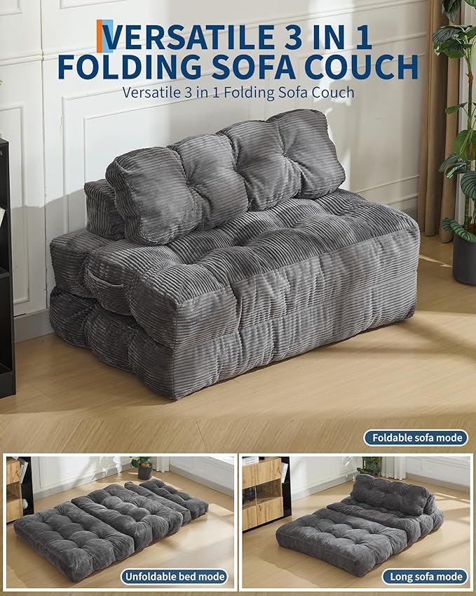 Garvee Folding Sofa Bed Convertible Sleeper Chair with Pillow Foldable Mattress with Back Support Boneless Fold Out Chair Bed Comfy Floor Sofa Lounge for Living Room Bedroom Dark Gray Full