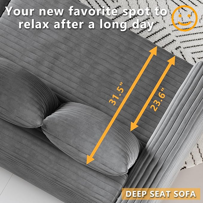 82.7'' Oversized Corduroy Couch Modular Sectional Sofa with Ottoman Upholstered 3 Deep Seat L Shape Sofa Convertible Cloud Couches with Chaise Lounge for Living Room Apartment Gray