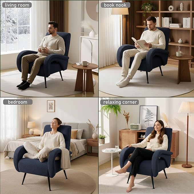Corduroy Accent Chairs for Living Room Tufted High Back Reading Chairs for Bedroom Mid-Modern Comfy Upholstered Armchairs for Bedroom Reading Nook Apartment Navy Blue