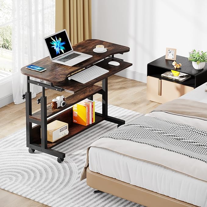 Tribesigns Portable Desk with Power Outlets Height Adjustable Side Table Sofa Couch Bedside Laptop Computer Cart with USB Charging Ports Mobile Small Standing Desk with Keyboard Tray