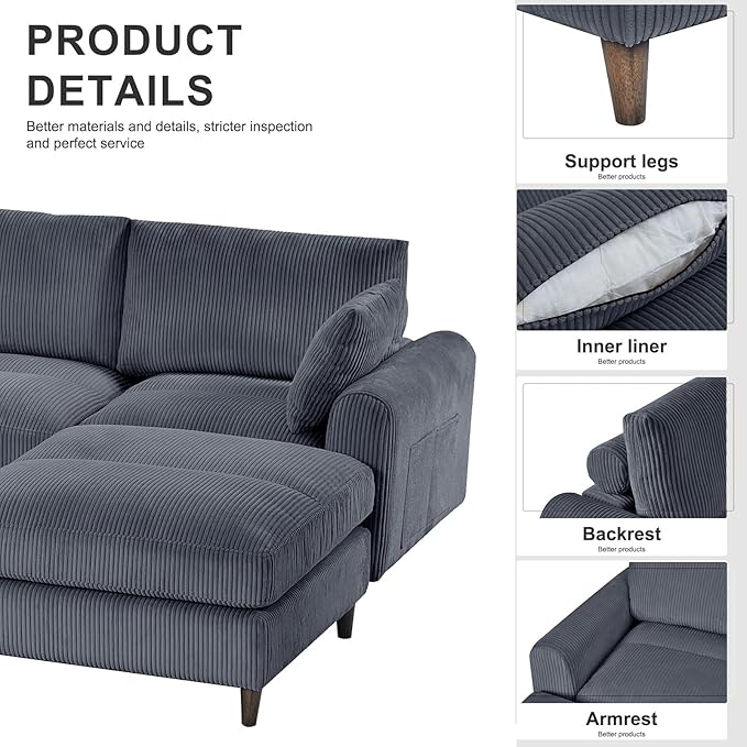 Yoglad 121.65'' U Shaped Modular Sectional Sofa Cozy Oversized Corduroy Couch with Dual-Sided Storage 6-Seater Sofa with Ottomans for Living Room Bedroom Apartment Office (Grey)