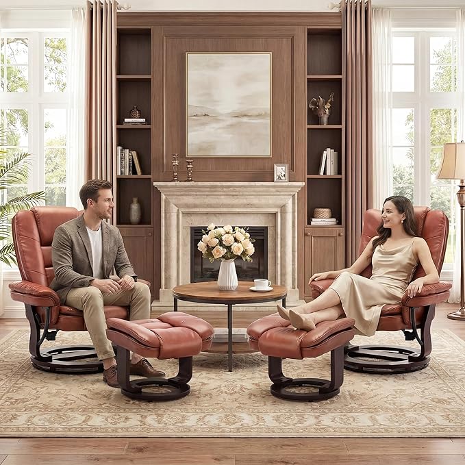 Argus Swivel Recliner with Ottoman PU Leather &amp Wood Base Reclining Chair with Footrest Ultra-Plush Double Foam for Living Room Bedroom and Office Set of 1