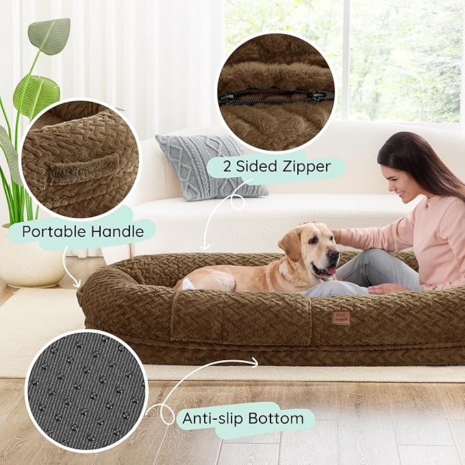 Human Dog Bed for Adult - Luxury Faux Fur Giant Size Dog Bed with Portable Handle Egg Orthopedic Foam with Blanket 72x40x10 Brown