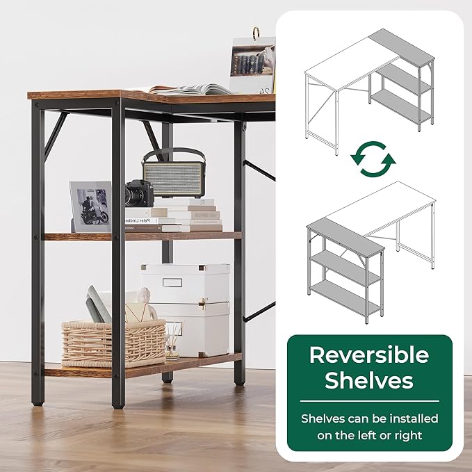 Huuger 47 Inches L Shaped Desk Computer Desk with Reversible Storage Shelves for Gaming Corner Home Office Writing Study Metal Frame Rustic Brown