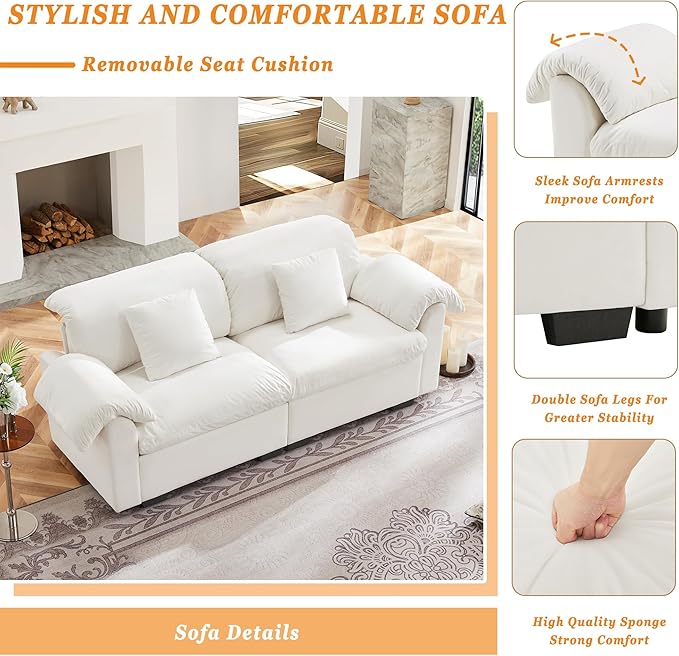 84 Small Loveseat Sofa Couch Upholstered 2-Seat Sofa with 2 Pillows Cloud Sofas with Storage Seat Velvet Comfortable Deep Couch for Living Room Small Space Apartment Removable Cover White