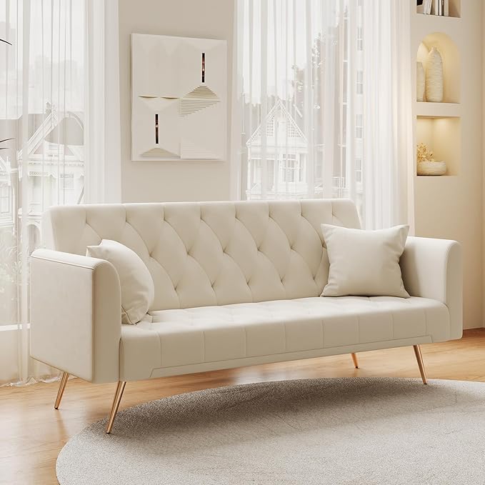 Modern Velvet Sofa Bed Futon with 2 Pillows2-in 1 Convertible Sleeper Couch BedFolding Recliner Loveseat with Golden Metal Legs for Living Room Apartment Office (Beige)
