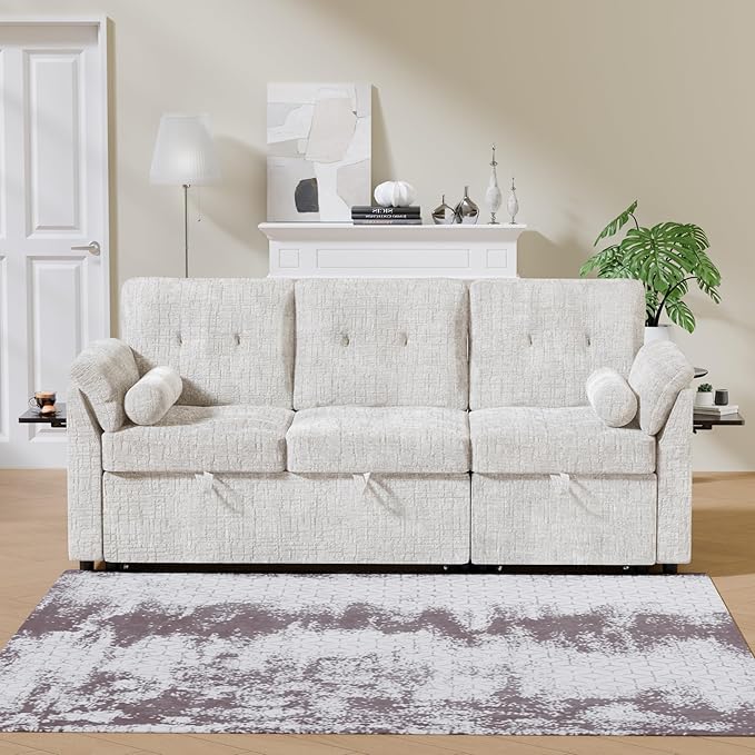 Convertible Queen Sofa Bed 63 Inch Chenille Pull Out Couch with Side Table 3 Seat Pull Out Sofa Bed with Level Adjustable Backrest Comfy Sleeper Sofas for Living Room Apartment Beige