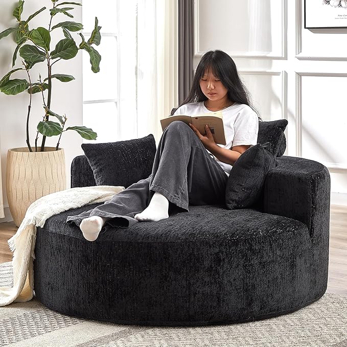 Oversized Round Chaise Lounge Chair Indoor 55W Circle Comfy Armchair with Deep Seat Floor Cloud Boneless Chair Upholstered Modern Cozy Sofa Chairs for Living Room Bedroom(Chenille Black)