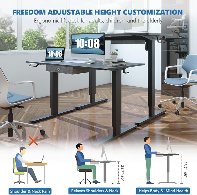 Electric Standing Desk with Drawer - 48 x 24 inch Adjustable Height Sit to Stand Up Desk with Splice Board Rising Home Office Computer Table with 2 Hook and Wire Hole for Work Study or Gaming