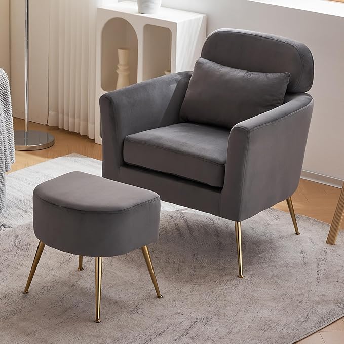 Accent Chair Dark Gray Chair with Ottoman Comfy ArmChair Footrest Set Comfortable Living Room Chairs Club Tub Sofa Chair for Reading Room Lazy Chair with Ottoman Accent Lounge Chair with Footstool