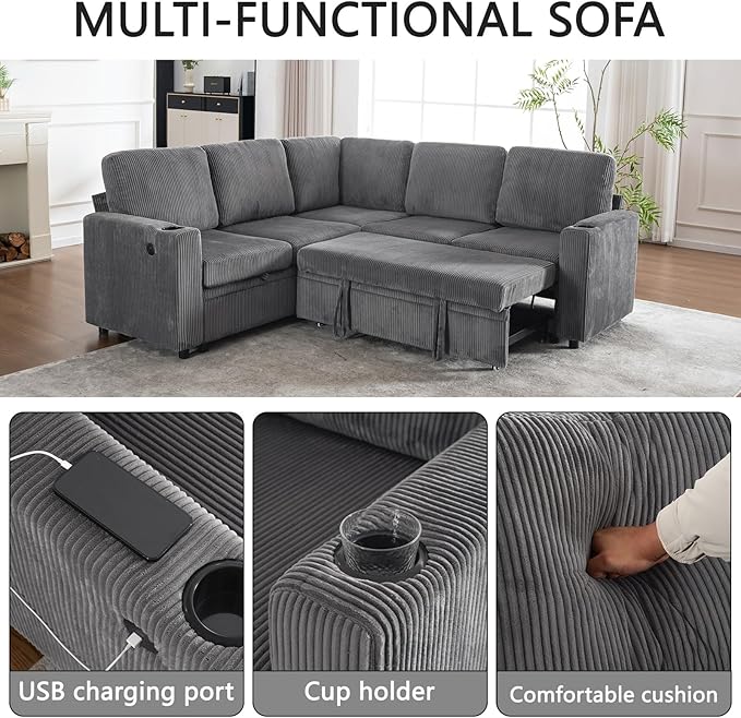 83 Modular Sectional Sleeper Sofa with Pull Out Bed Plush Corduroy L-Shaped Corner Couch with Storage USB Charger Cup Holders 5-Seater Sectional Couches for Living Room Apartment Grey