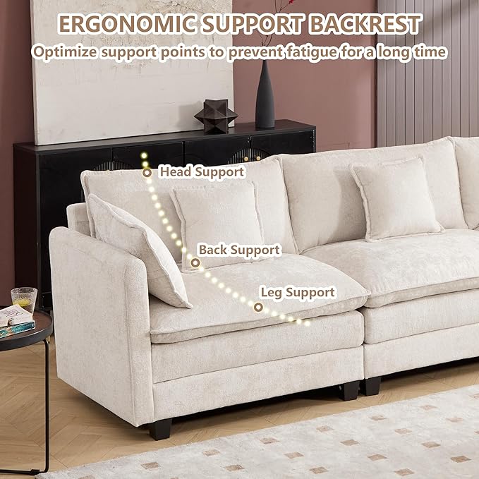 Cloud Modular Sectional Sofa U-Shaped Deep Seat Oversized Couch for Large Living Room Pet-Friendly Chenille Fabric Sofa Set with Ottoman for Family Movie Nights