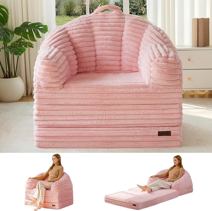 MAXYOYO Folding Sofa Bed 2 in 1 Convertible Sofa to Lounger Comfy Faux Fur Bean Bag Chair for Adults Floor Single Sleeper Couch Chair with Handle Couch Bed for Living Room Bedroom Pink