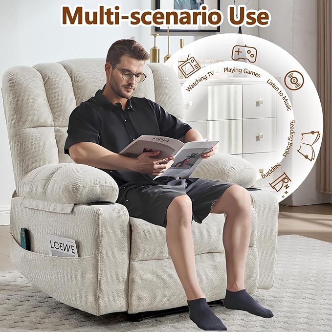 Massage Recliner Chair with Heat Beige Recliner Chair with Cup Holder for Adults Manual Reclining Chairs Large &amp Oversized Recliners for Living Room Fabric Heavy Duty (Beige)