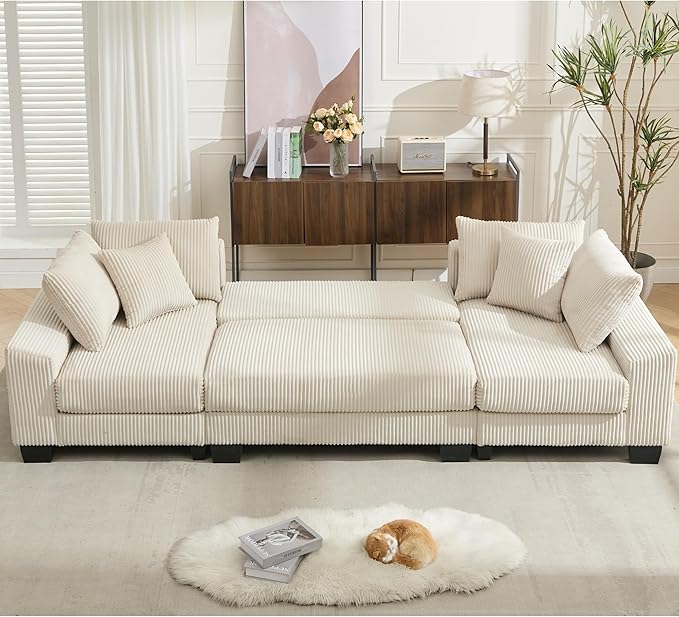114 U-Shaped Sleeper Sofa with Pull Out Bed 3 in 1 Convertible Couch Bed Oversized Sectional Modular with Chaise Lounge Modern Comfy Plush Corduroy Black Couches for Living Room (Beige)