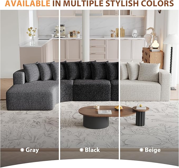 131” Oversized L Shaped Couch Corner Curved Modular Sectional Sofa with 10 Pillows Cloud Chenille Deep Seat No Assembly Required for Living Room Left Chaise Black