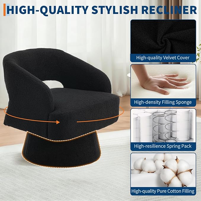Comfy Swivel Barrel Chair for Living Room - Modern Upholstered Accent Chair with Teddy Fleece Hollowed Back &amp 360° Swivel Base Small Round Chair for Bedroom Reading Nook Office Black