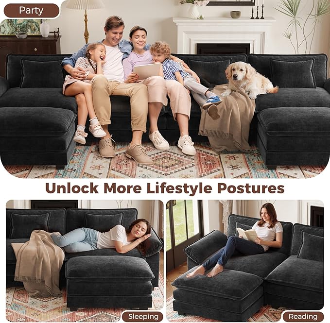 HUSFU 154 Cloud Couch Modular Sectional Sofa with Ottoman 4-Seat Modern Chenille Upholstered U-Shaped Deep Seat Sofa Couch for Living Room Bedroom and Apartment Black