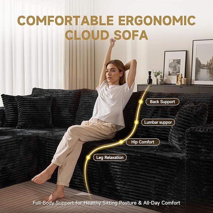 108 Modular Cloud Sofa High-Density Foam Sectional Couch Oversized Convertible L-Shaped Sofa Bed with Plush Fabric Deep Seats Wide Armrests Boneless Couches for Living Room Black