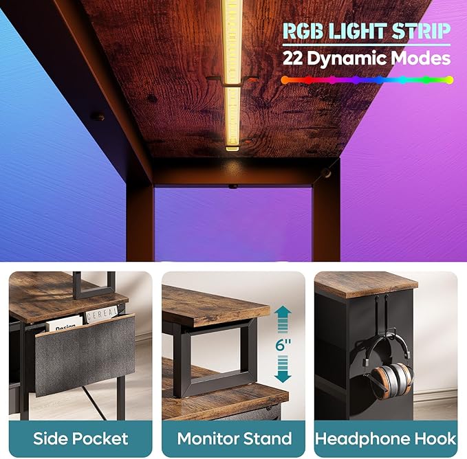 Bestier Small L Shaped Desk with LED Lights 42 Reversible Computer Desk with Open Storage Cabinet &amp Monitor Stand Corner Desk with Side Storage Bag for Home Office Bedroom Rustic Brown
