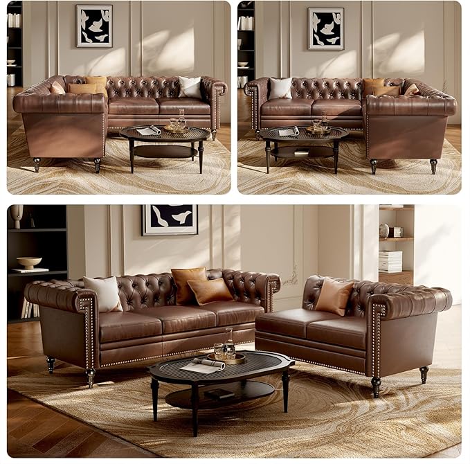 Faux Leather Sectional Sofa Couch for Living Room L Shaped Reversible Modern Chesterfield Sofa with Rolled Arms and Nailhead 5 Seat Tufted Couch for Small or Large Space (Dark Brown)