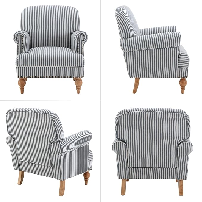 Blue Striped Linen Fabric Accent Chair Coastal Upholstered Armchair with Nailhead Trim &amp Ball Turned Wood Legs Modern Farmhouse Club Chair for Living Room Bedroom Guest Room