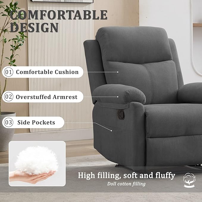 Recliner Chair Manual Recliner for Adults with Side Pocket Small Recliners for Small Spaces Adjustable Comfy Overstuffed Corduroy Reclining Chairs for Living Room Reading Bedroom Grey