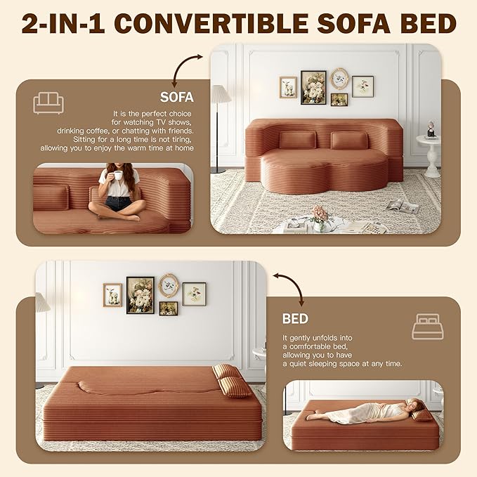 78 Folding Floor Sofa Bed Queen Full Size Folding Mattress Boneless Couch for Living Room 15 Seat Height Convertible Teddy Fabric Foam-Filled Loveseat Sleeper Sofa Bed