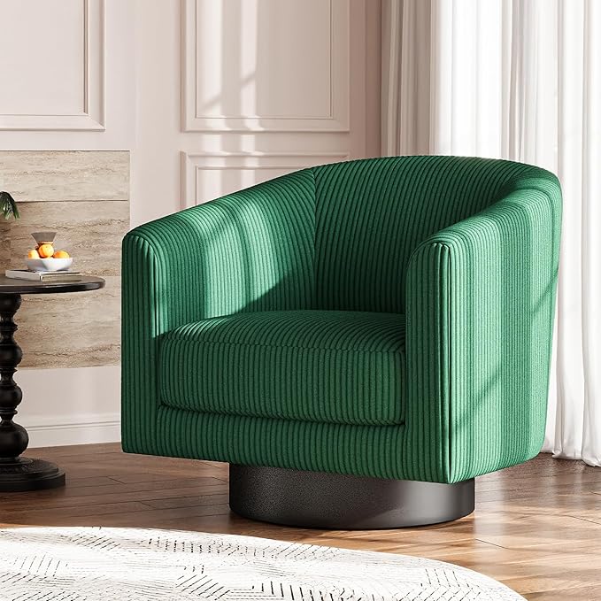 360° Swivel Accent Chairs Modern Bucket Chair Corduroy Barrel Armchair Comfy Boucle Chair Single Sofa for Living Room Bedroom. Green