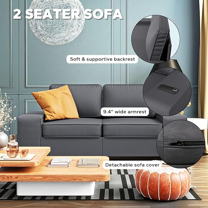71 Leathaire Loveseat Couch 2 Seater Retro Sofa with 4 Side Pockets Removable and Washable Cushions Living RoomApartment Office (Dark Grey)