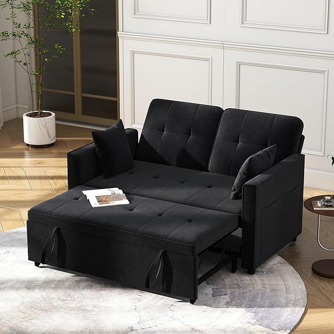 Loveseat Sleeper Sofa Bed Couch: Queen Sleeper Chair Pull Out Bed for Living Room Black Velvet Couch Beds for Small Spaces 3 in 1 Convertible Sofa with Armrests