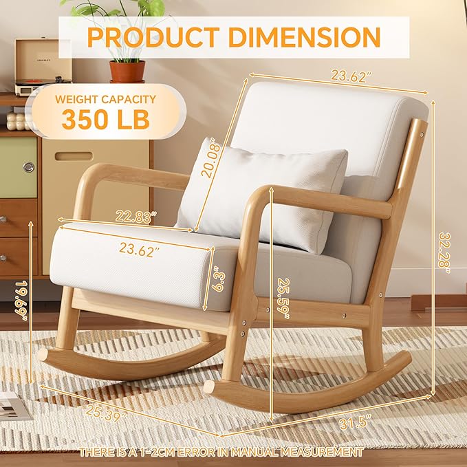 Solid Wood Reclining Accent Chair Mid-Century Modern Lounge Armchairs Fabric Upholstered Soft Comfy Living Room Chairs with Armrest Waist Pillow for Office Reading Waiting Room (Off-White)