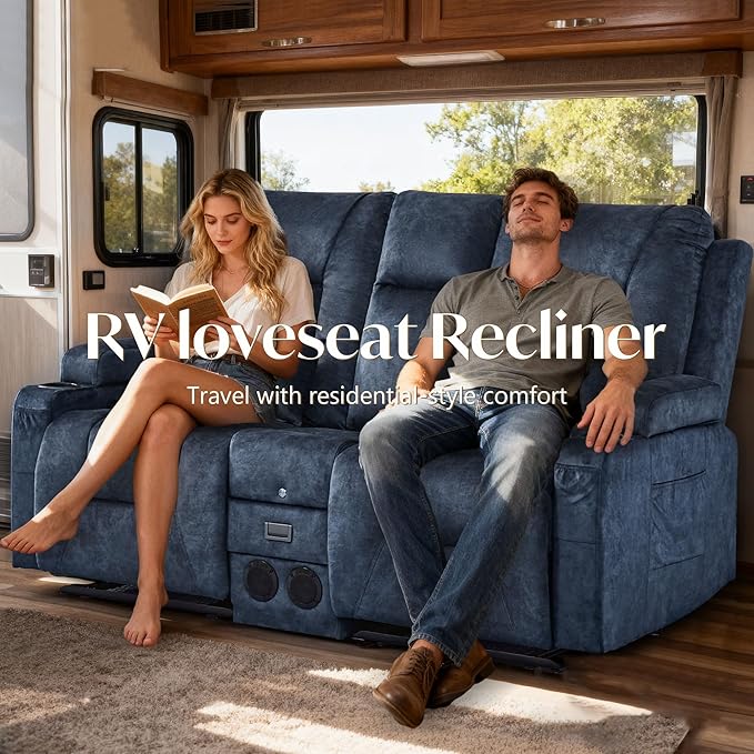 Houjud Manual Reclining Loveseat Sofa with Console Recliner Sofa RV Couch with Bluetooth Speakers USB Charging AC Outlets and Pillow for Home Theater Velvet Blue