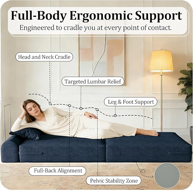31.5'' Convertible Compressed Corduroy Folding Cloud Sofa Bed Set of 2 2 Pieces Modern Boneless Pull Out Sleeper Sofa Couch 3 in 1 Portable Floor Lounge Chair Set No Assembly Needed Navy Blue