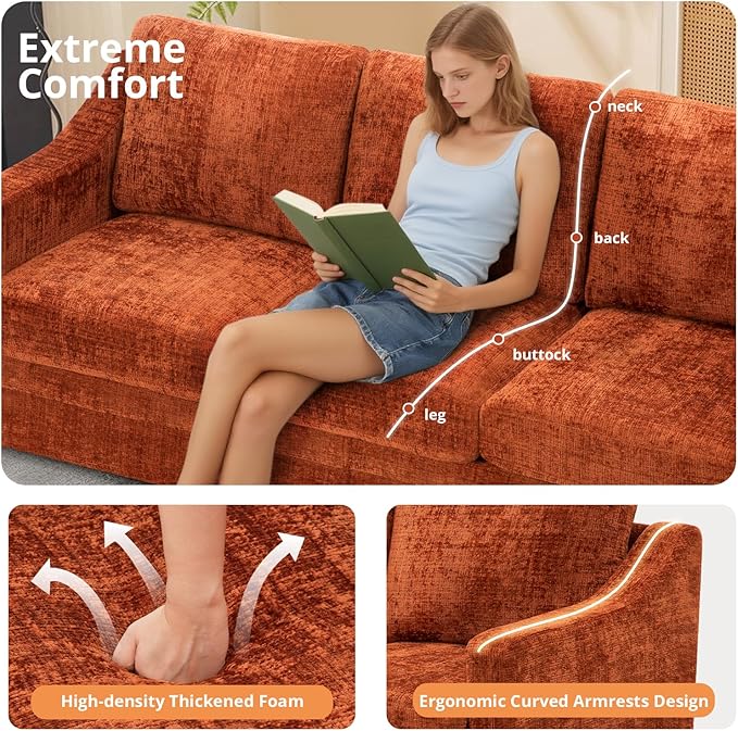 2 Pieces Chenille Sofa Sets w/Comfortable Back Cushions Modern Loveseat &amp Sofa w/Deep Seat Space Upholstered 2 Seat &amp 3 Seats Couch Sets w/High Resiliency Foam for Living Room Office Orange
