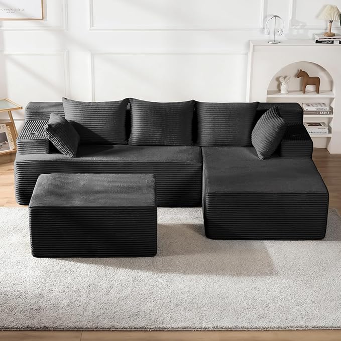 Boneless Couch Cloud Modular Sectional Sofa Modern Convertible L Shaped 3 Seat Corduroy Deep Seat Boneless Couches with 5 Pillows for Living Room Apartment (Black Right Facing Chaise+Ottoman)
