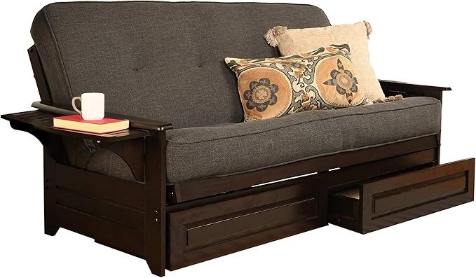 Phoenix Full Size Futon Couch in Espresso Finish with Storage Drawers - Wooden Frame - Solid Hardwood Construction