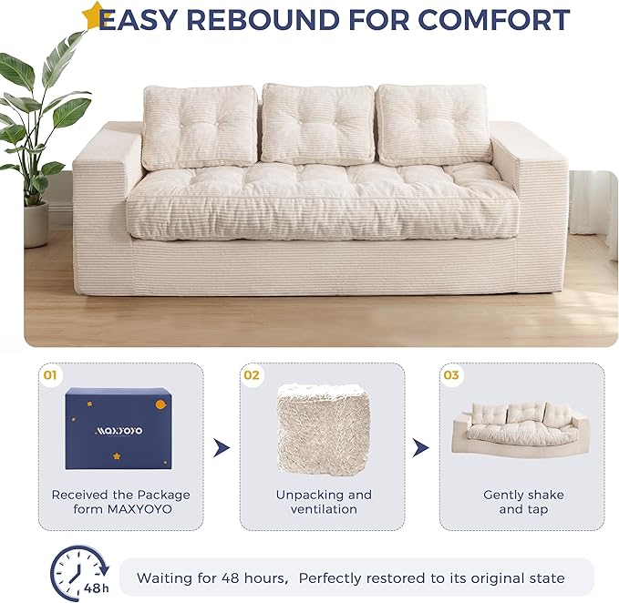 MAXYOYO Modern 3-Seater Sofa Couch Luxury Upholstered Living Room Sofa in a Box Soft High-Density Foam Lounger with Pillows Boneless Couch for Apartment Lounge Room